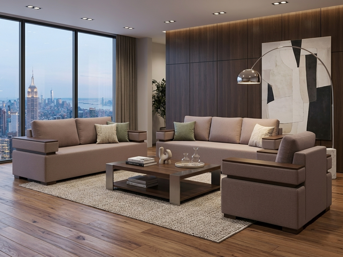 Armstrong TP fully upholstered beige 3+1+1 sofa set with 10" wide arms with timber plates on arms and rectangular coffee table in a modern living room