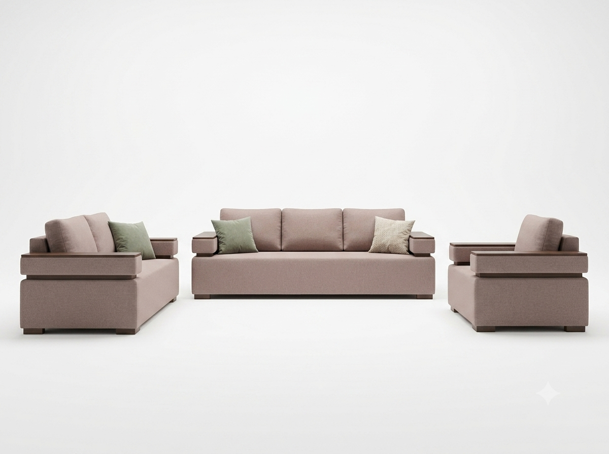 Armstrong TP fully upholstered beige 3+1+1 sofa set with 10" wide arms with timber plates and rectangular coffee table