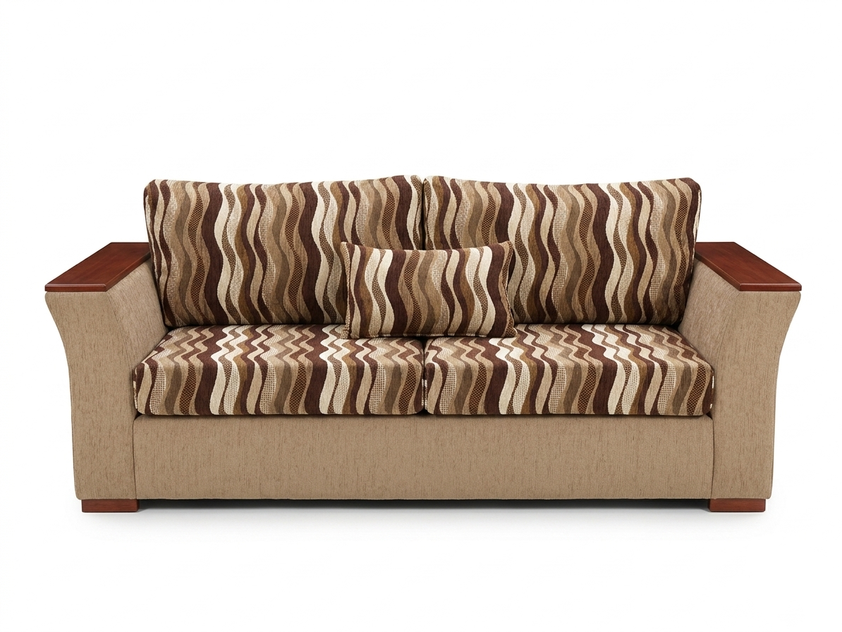 Front view of Burnwood TP fully upholstered brown three seater sofa with timber plates on arms
