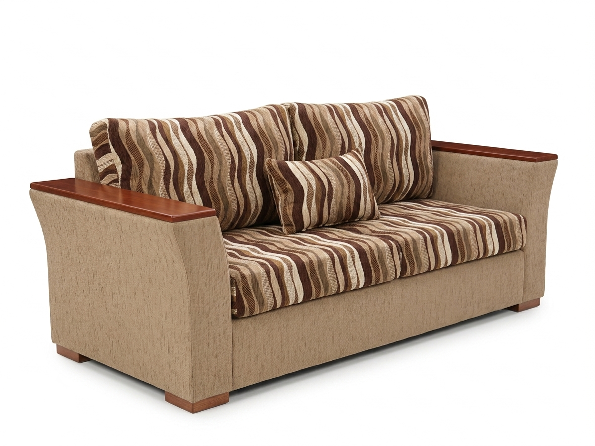 Side view of Burnwood TP fully upholstered brown three seater sofa with timber plates on arms