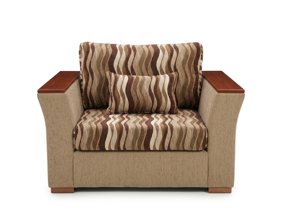 Front view of Burnwood TP fully upholstered brown single seater sofa with timber plates on arms