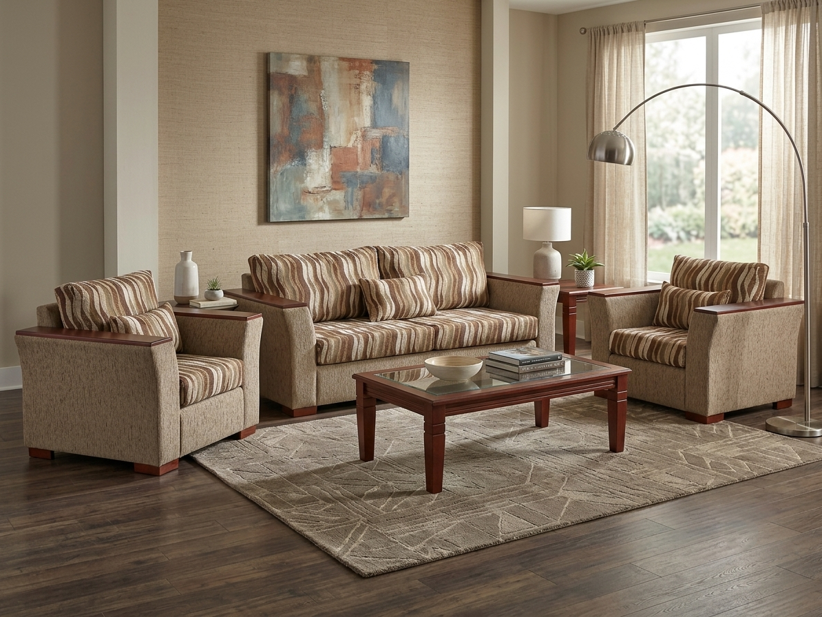Burnwood TP fully upholstered brown 3+1 sofa with timber plates on arms and rectangular coffee table with glass top in a modern living room