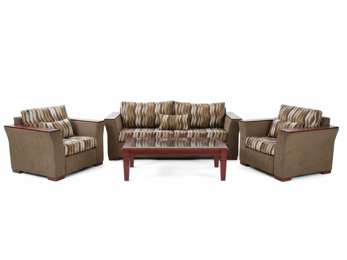Burnwood TP fully upholstered brown 3+1+1 sofa set with timber plates and rectangular coffee table with glass top